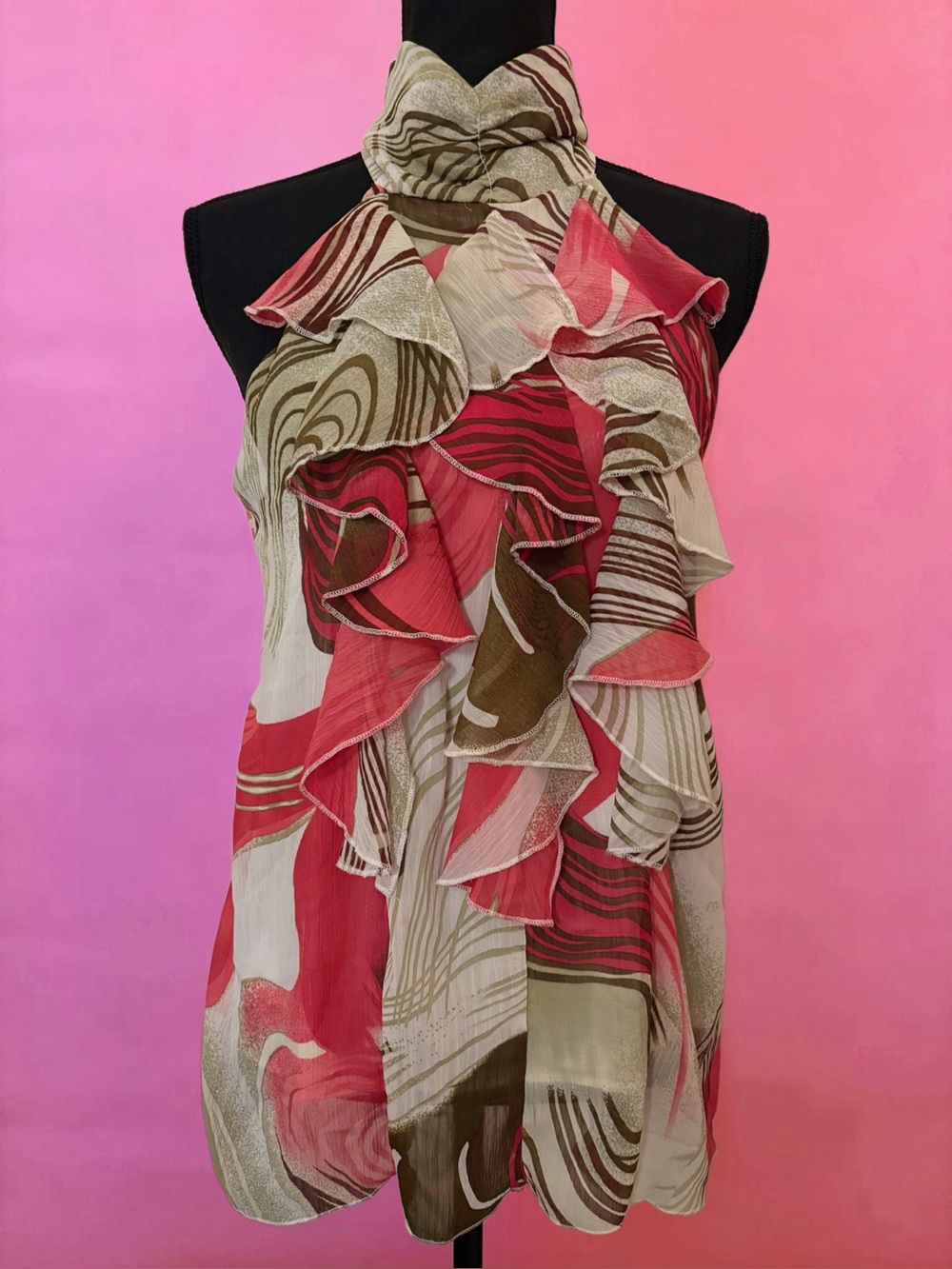 Vintage Y2K 2000s Pink Green Taupe Tropical Ruffled Halter Top Blouse - Large